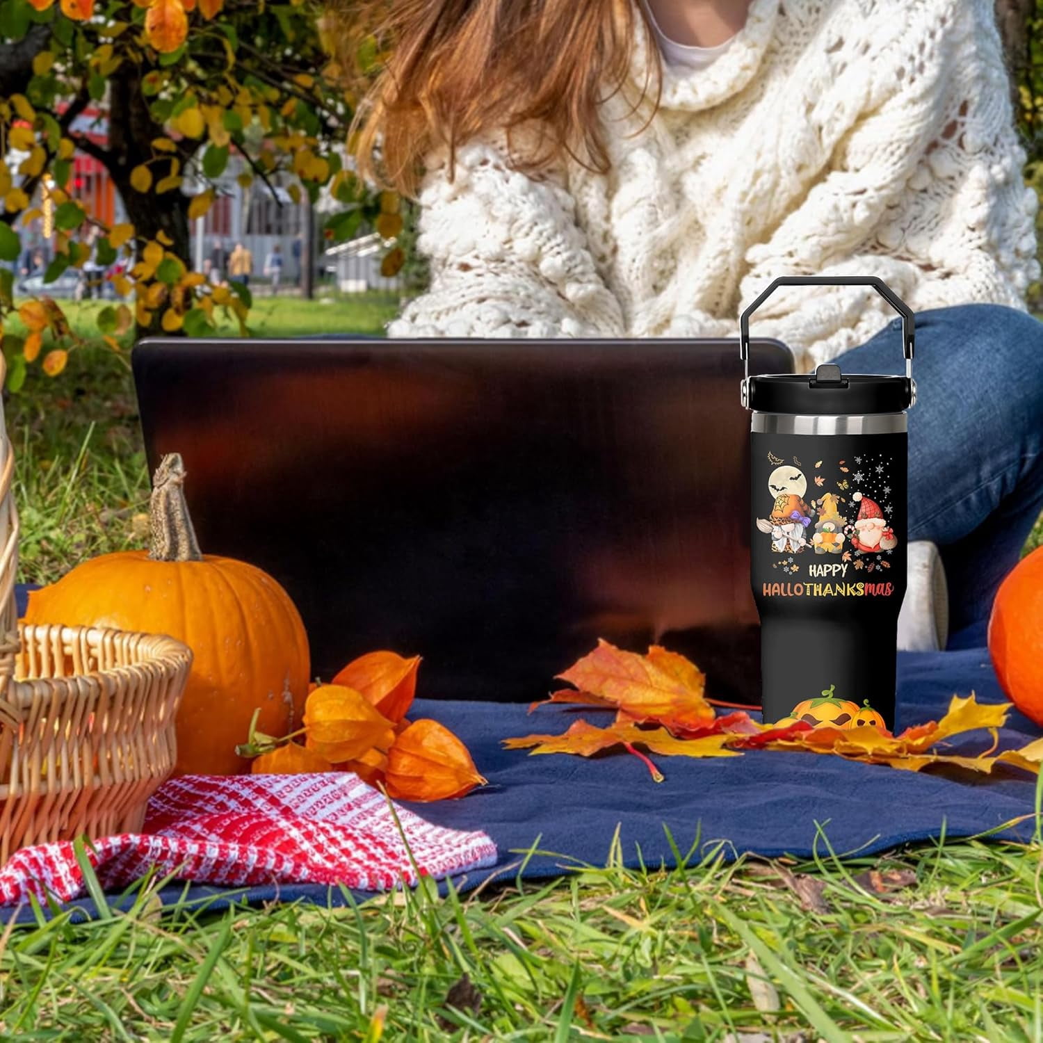 Happy Hallothanksmas Tumbler, Fall Cup 30 Oz Tumbler with Handle and Flip Straw, Insulated Autumn Mugs Keeps Drinks Cold & Hot, Thanksgiving Halloween Christmas Gifts For Women