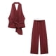 thumbnail image 3 of Conjunto de dos piezas de moda para mujer, blusa lisa con cuello halter plisado y pantalones rectos, traje de pantalón elegante vintage para mujer, 3 of 5