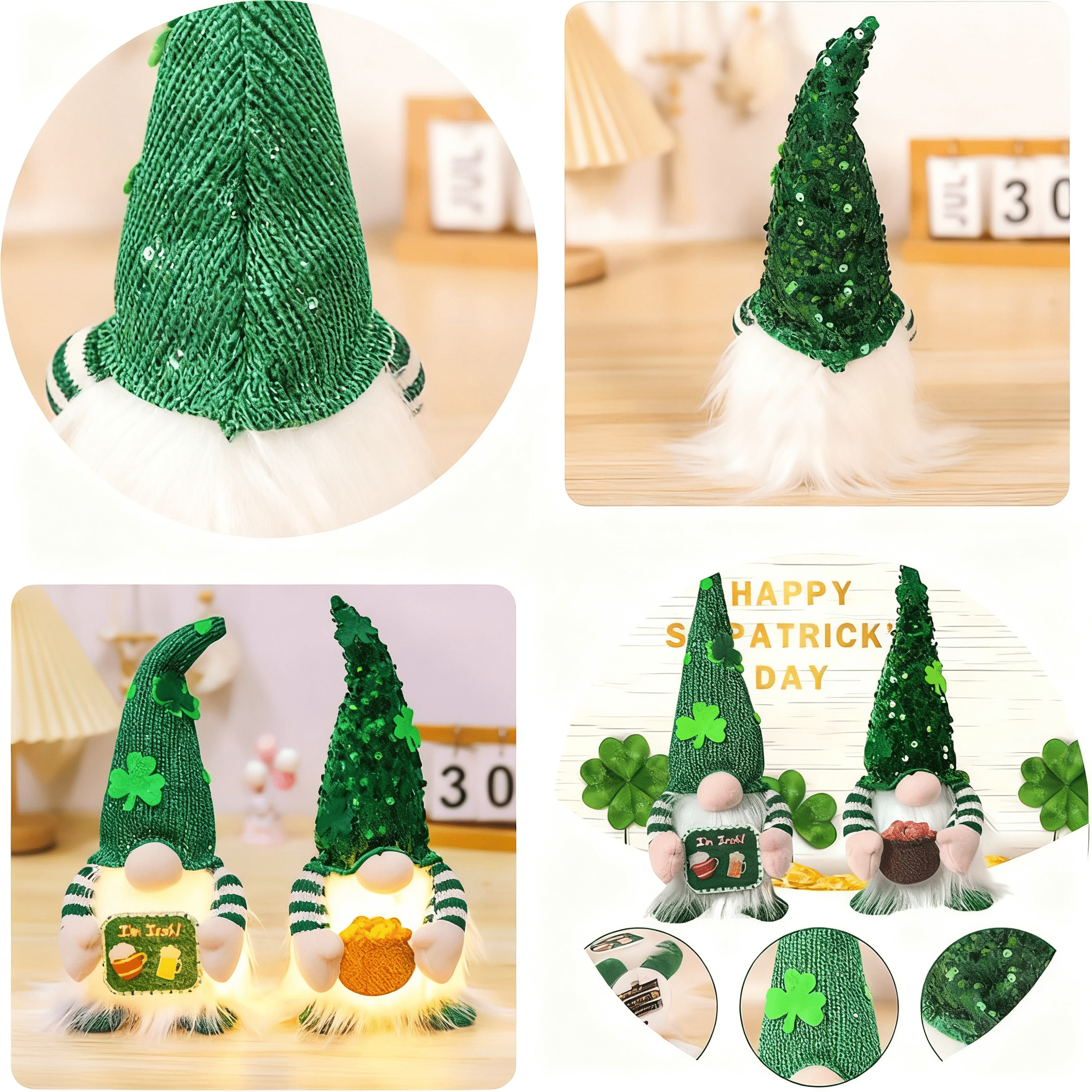 St Patrick's Day Gnome Plush with LED Lights Lucky Irish Guardian Decor