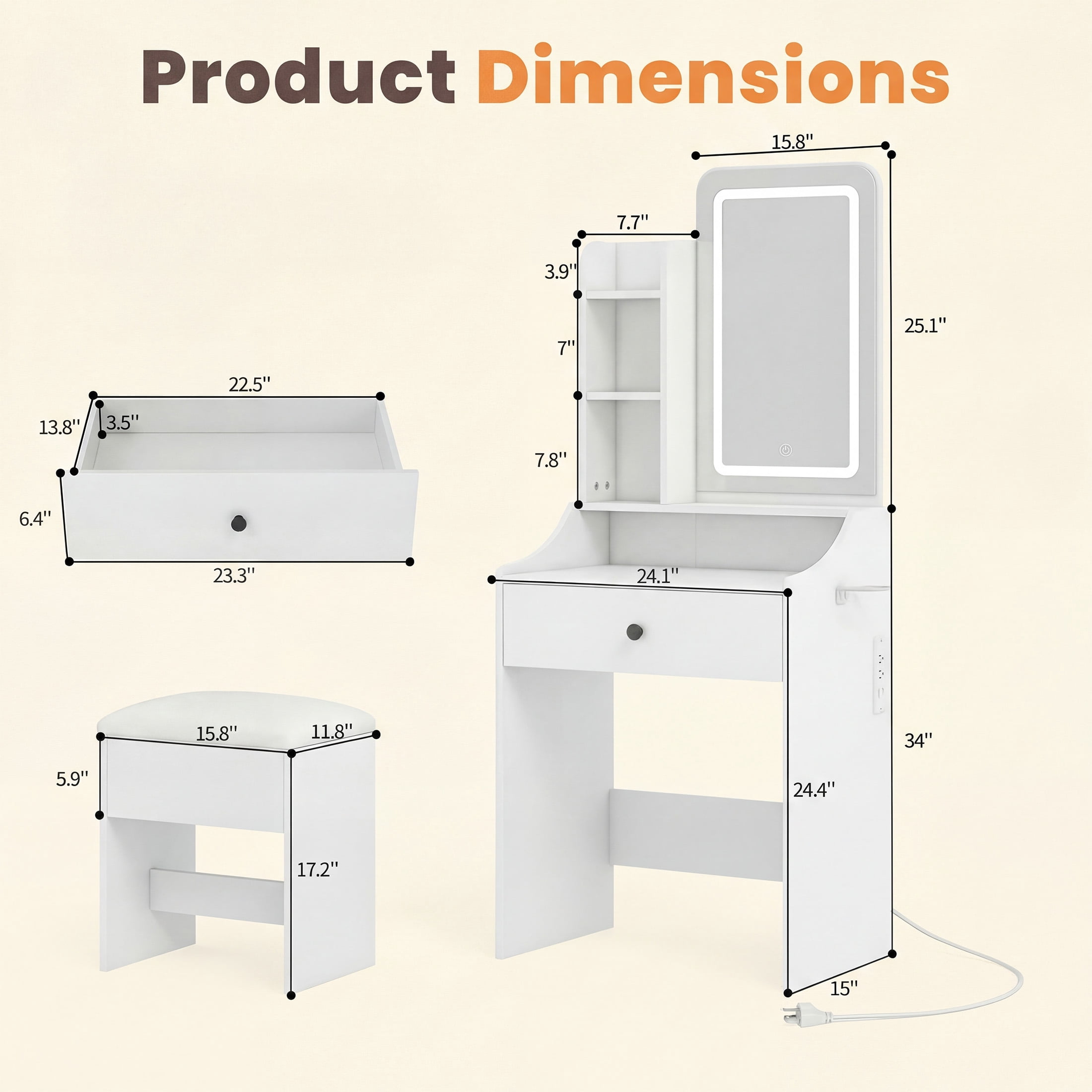 EDX 24" Makeup Vanity Table and Chair Set,  Modern Vanity Desk with Mirror,  Power Outlets&3 Lighting Modes,  White