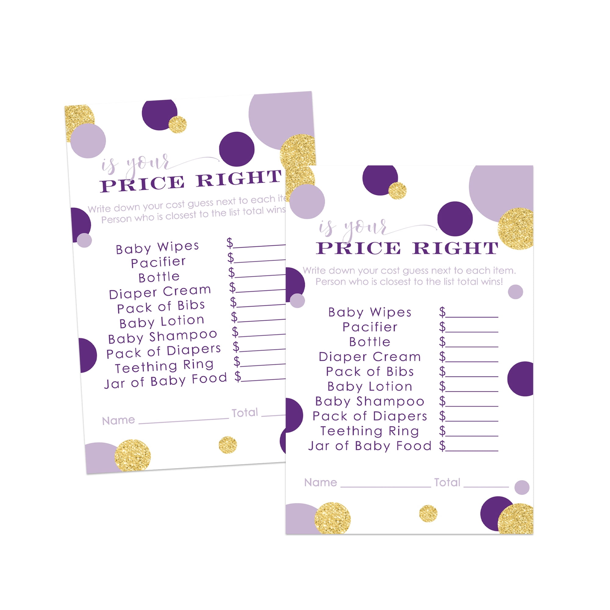 Purple and Gold Baby Shower Guess the Price Game Cards (25 Pack) Girls Baby Shower Games Gender Reveal - Princess Mermaid Party Themed - 4x6 Size Set - Paper Clever Party