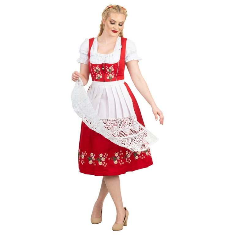 Dirndl Trachten Haus 3 Piece Long German Oktoberfest Dirndl Cotton Dress  for Womens and Girls - Red - Walmart.com