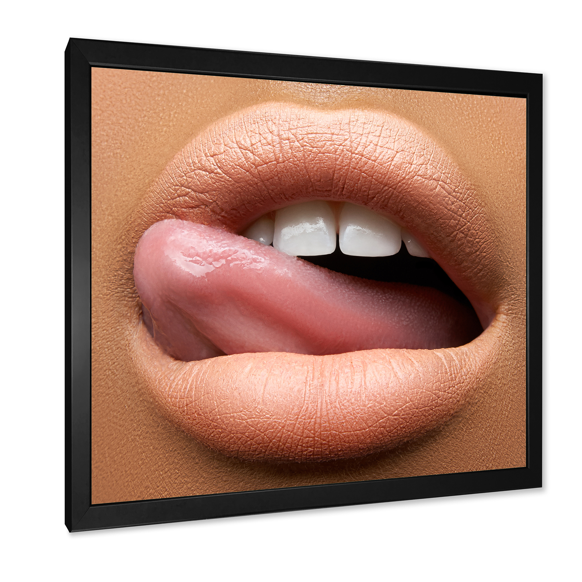Designart 'Beautiful Dark Skinned Female Tongue Touching Lips' Modern Framed Art Print
