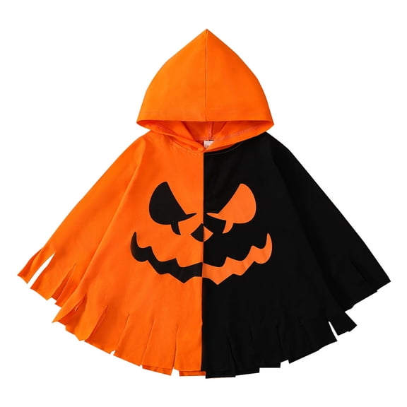 VNKIDY Kids Hooded Color Block Split Fringe Hem Pumpkin Face Print Loose Poncho Cape Halloween Party Dress Up Cape For Boys Girls