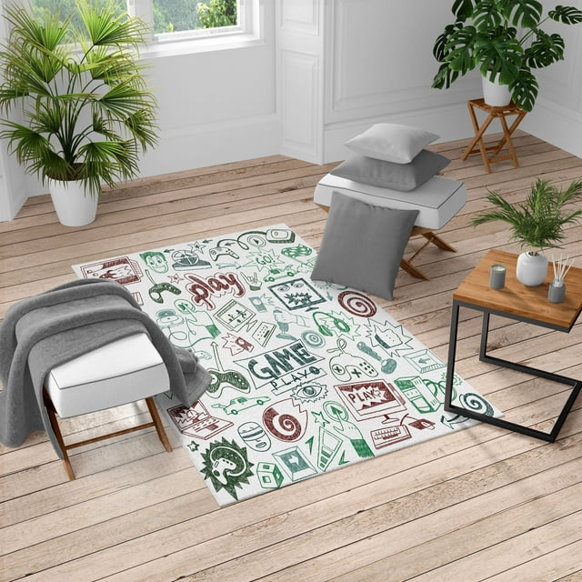 Video Games Turkish Area Rug, Monochrome Sketch Gaming Design Racing Monitor Device Gadget Teen 90's, Soft Carpet for Living Room Decor with Distressed Look, 2.6' x 5', Slate Blue, by Ambesonne