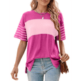 thumbnail image 3 of Blusas de Verano para Mujer, de Gran Tamaño, con Cuello Redondo, Informales, A Rayas y Bloques de Color, Color Rosa, Talla XXL, 3 of 9