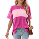 thumbnail image 3 of Blusas de Verano para Mujer, de Gran Tamaño, con Cuello Redondo, Informales, A Rayas y Bloques de Color, Color Rosa, Talla XXL, 3 of 9