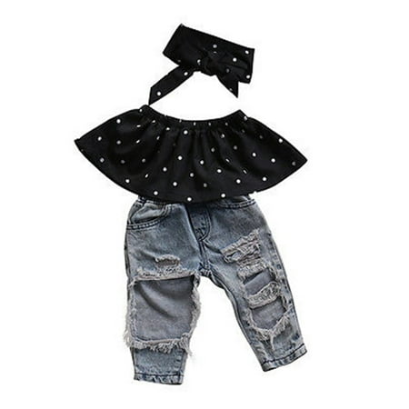 

Bmnmsl Newborn Baby Girls Off Shoulder Tops + Hole Denim Pants Outfits Set Clothes