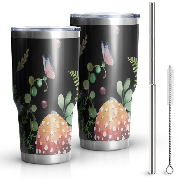 30oz Red Mushroom Snail Black Pattern Tumblers Stainless Steel Tumbler with Lid and Straw,Vacuum Insulated Double Wall Travel Tumbler Cups Mug with Cleaning Brush for Coffee,Tea