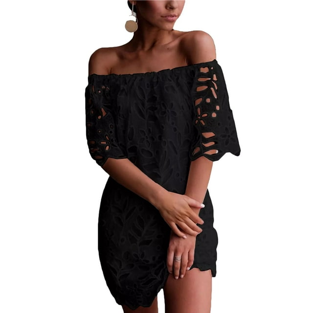Vestido PRETTYGARDEN Mini Negro de Encaje Floral con Hombros Descubiertos Talle S