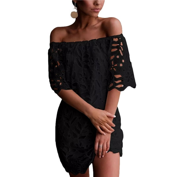 Vestido PRETTYGARDEN Mini Negro de Encaje Floral con Hombros Descubiertos Talle S