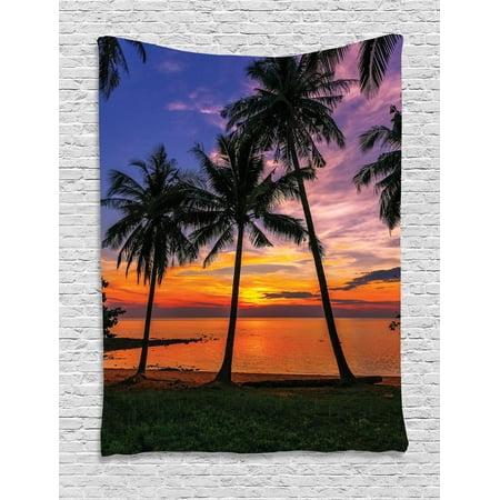 Palm Tree Beach Wall Hanging Tropical Tapestry, Exotic Palm Trees Pattern with Beach and Ocean Sunset in Hawaii Summer Season, Wall Hanging for Bedroom Living Room Dorm Decor, Multicolor, by Ambesonne ()