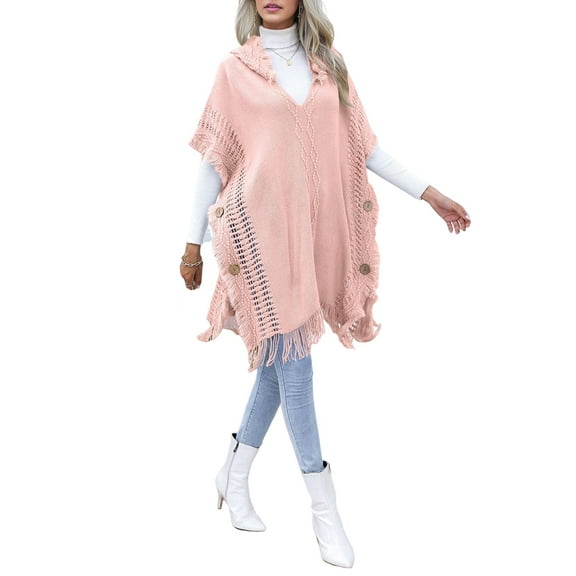 Ladies' Hooded Cape with Fringed Hem, Crochet Poncho Knitting Patterns for Women Pink One size