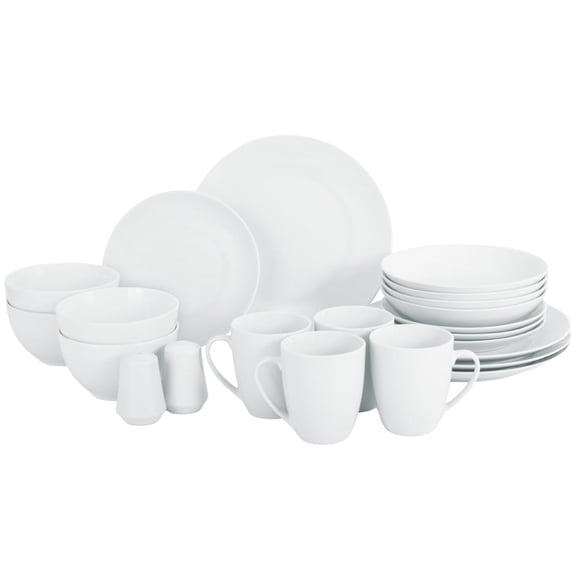 Glad 22-Piece Dinnerware Set, Plates, Bowls, Mugs, Salt & Pepper Shakers, White