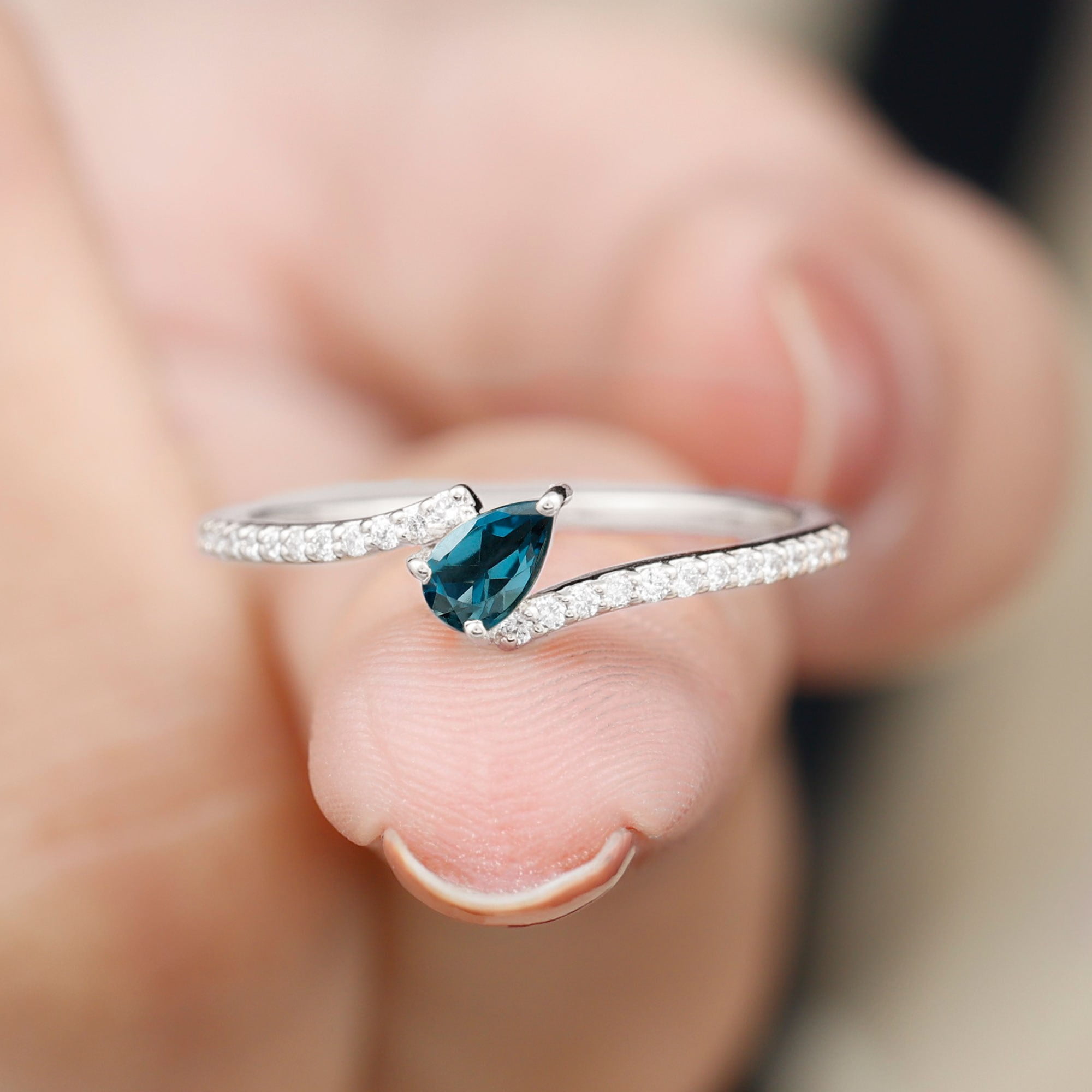 Pear Shape London Blue Topaz Promise Ring with Diamond for