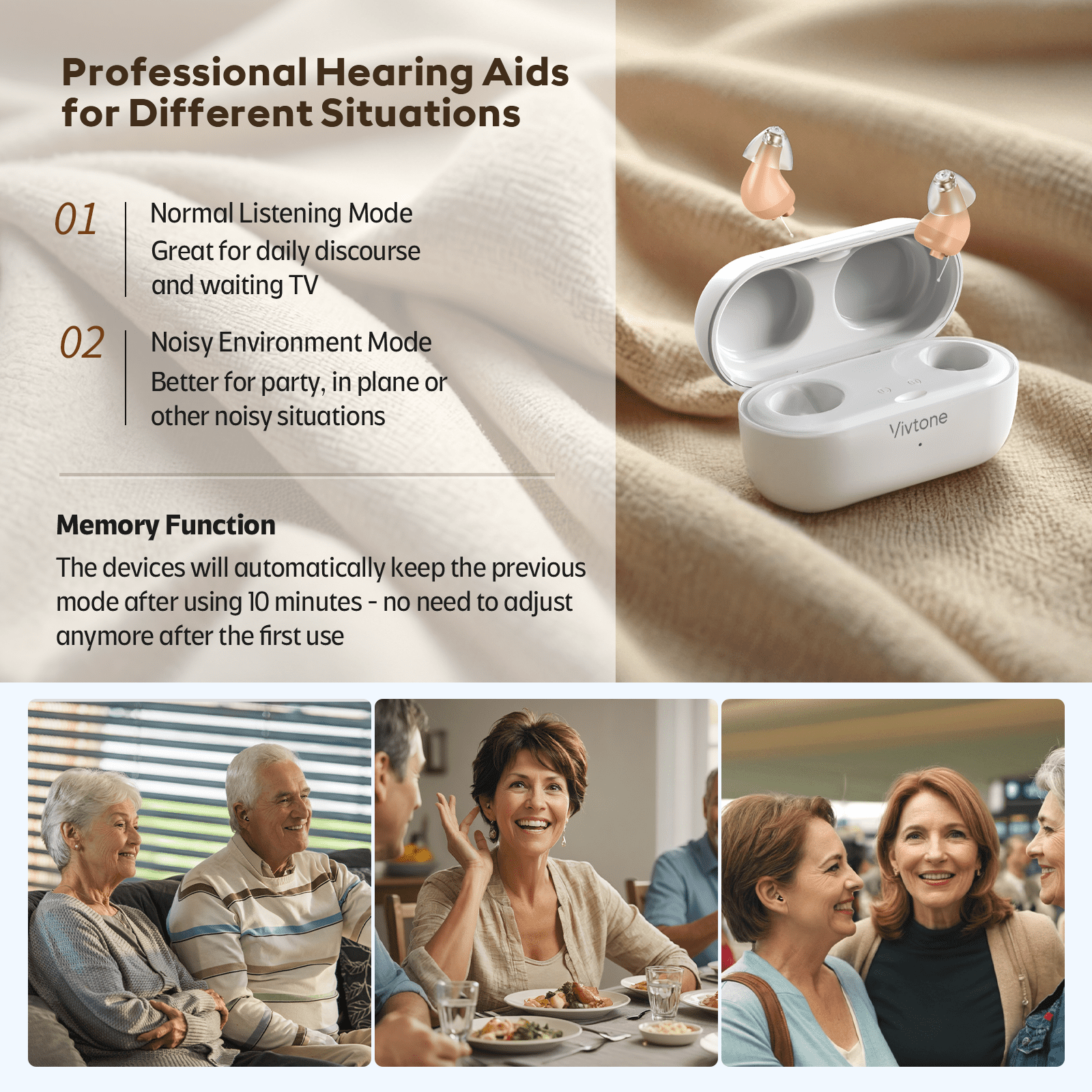 Vivtone Supermini Rechargeable OTC Hearing Aid, Completely-in-canal(CIC), for Seniors & Adults, Beige, 2 Pieces