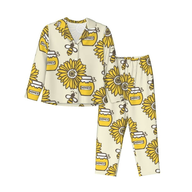 Fotbe Cartoon Honey Pot Bee Sunflower Conjunto de Pijama de Manga Larga para Mujer con Estampado, Ropa de Dormir de 2 Piezas, Conjunto de Casa Suave y Cómodo con Bolsillos-Large