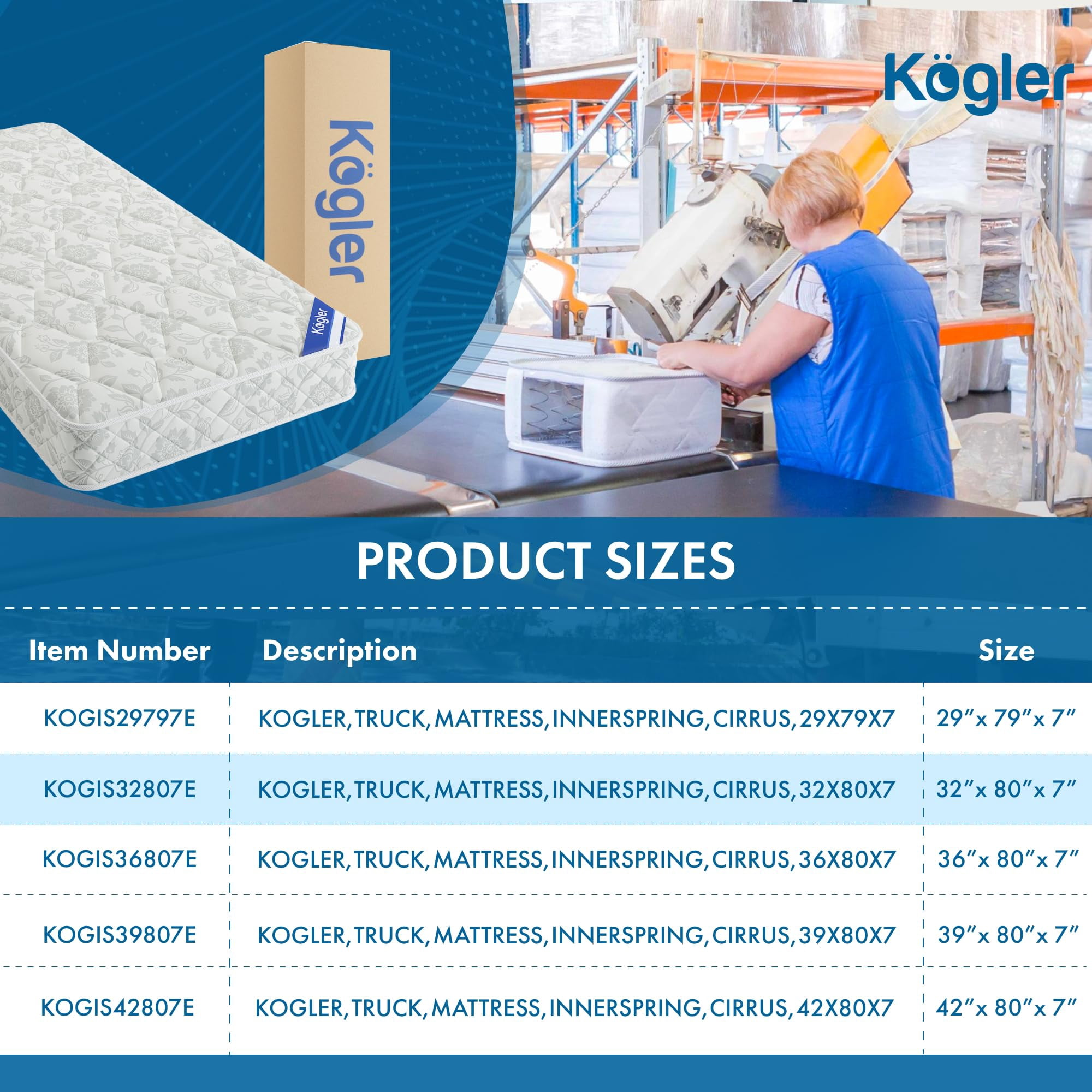 Kogler Innerspring Hybrid Semi-Truck Mattress, 7" Trucker Bed Mattress with Comfort Foam Top, 5" Innerspring Support, Firm Quilt Panel, Compressed in a Box for Easy Storage, White, 32 x 80
