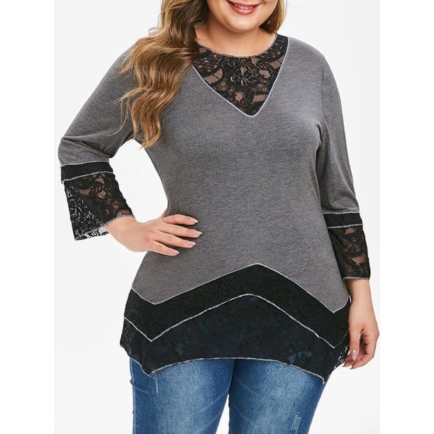 Contrast plus Cordón Tamaño túnica larga camiseta Rosegal Mangas largas de talla grande