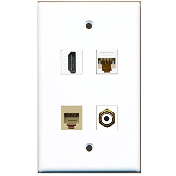 RiteAV - 1 Port HDMI 1 Port RCA White 1 Port Phone RJ11 RJ12 Beige 1 Port Cat6 Ethernet White Wall Plate