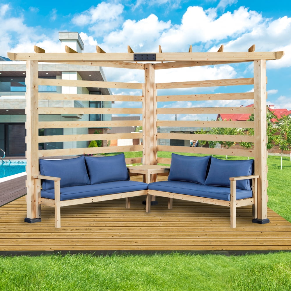 9x9 FT Solid Wood Pergola with Corner Seating and Table, Outdoor Patio