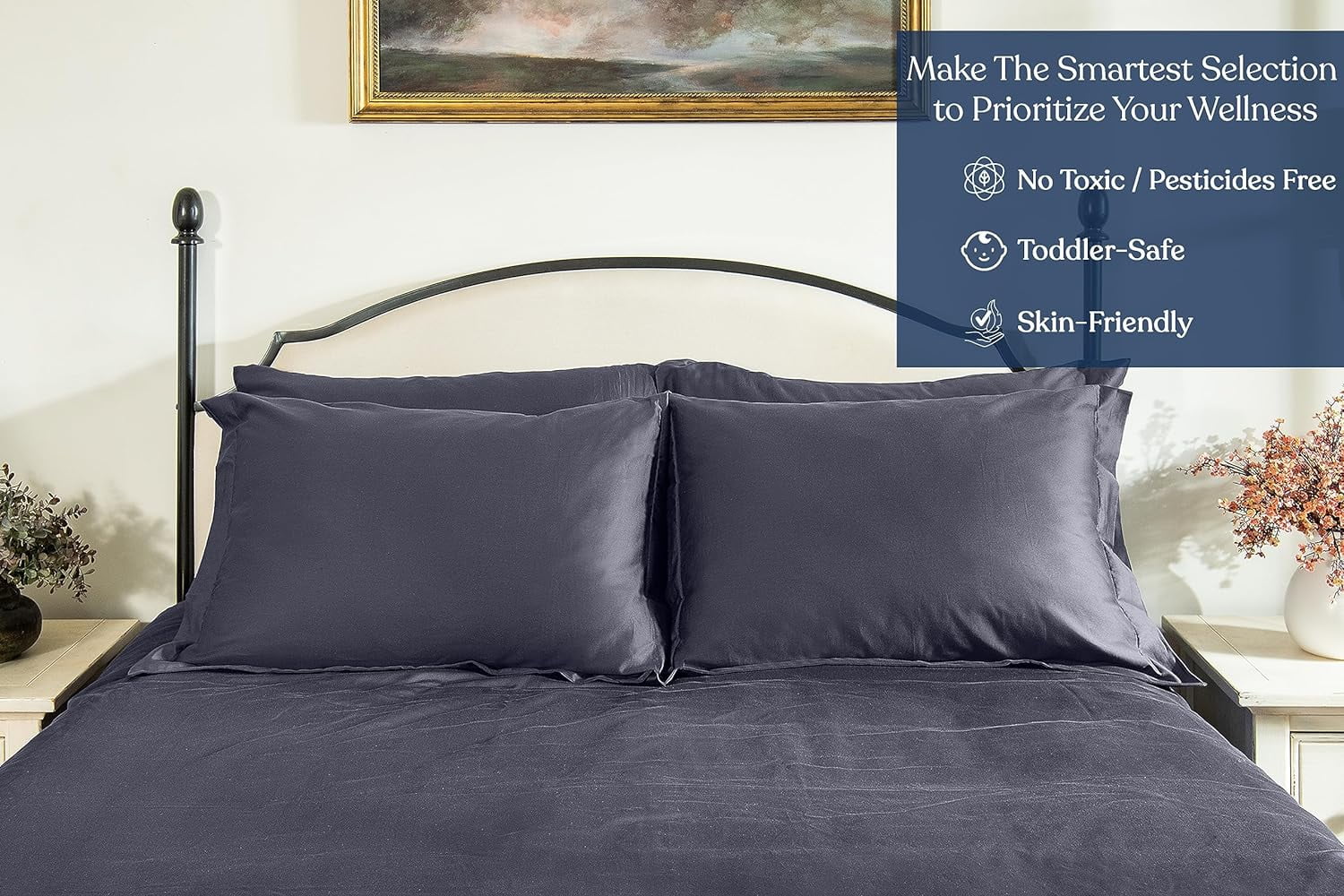 Delara GOTS Certified 100% Organic Cotton Full Fitted Sheet 54"x75", 400TC Long Staple, Ultra Soft, Breathable, 17" Deep Pocket, Dark Grey