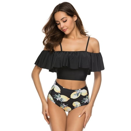 TOPCHANCES Swimwear Women Elegent High Waisted Bikini Off Shoulder Flounce Ruffled Push-Up Swimsuit Bathing Suit 2019 New (Best Off The Rack Suits 2019)