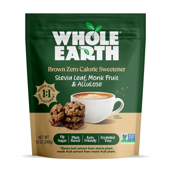 Whole Earth Brown Zero Calorie Stevia, Monk Fruit & Allulose Sweetener, Zero Calorie Sugar Substitute, Non-GMO, Erythritol-Free, Pouch, 12oz Pouch