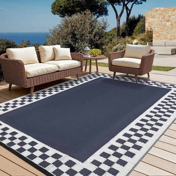 Waterproof Plastic Straw Outdoor Rug 9x12 Checkered Patio Outdoor Reversible Mats UV Resistant Foldable Indoor Outdoor Throw Carpets for Deck, Picnic, Porch, Camper, Balcony, Beach, Navy