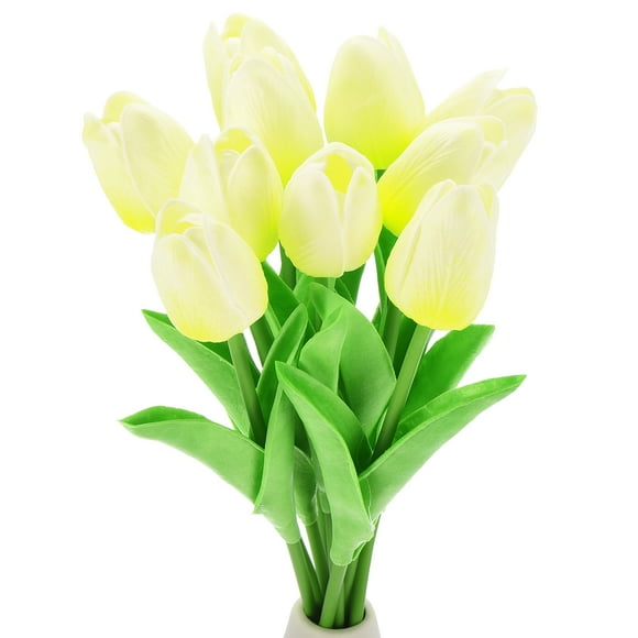 Unique Bargains 20pcs Tulips Artificial Flowers, Artificial Flowers Fake Tulip Stems Real Touch for Decoration (Light Yellow)