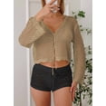 thumbnail image 3 of Womens Hollowout Crop Summer Solid Color Long Sleeves Lace Up Beach Casual Cover Up Shawl Blouse Top Khaki One Size, 3 of 6