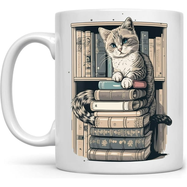 Taza de cerámica con forma de adorable gato sobre estantería, 350 ml