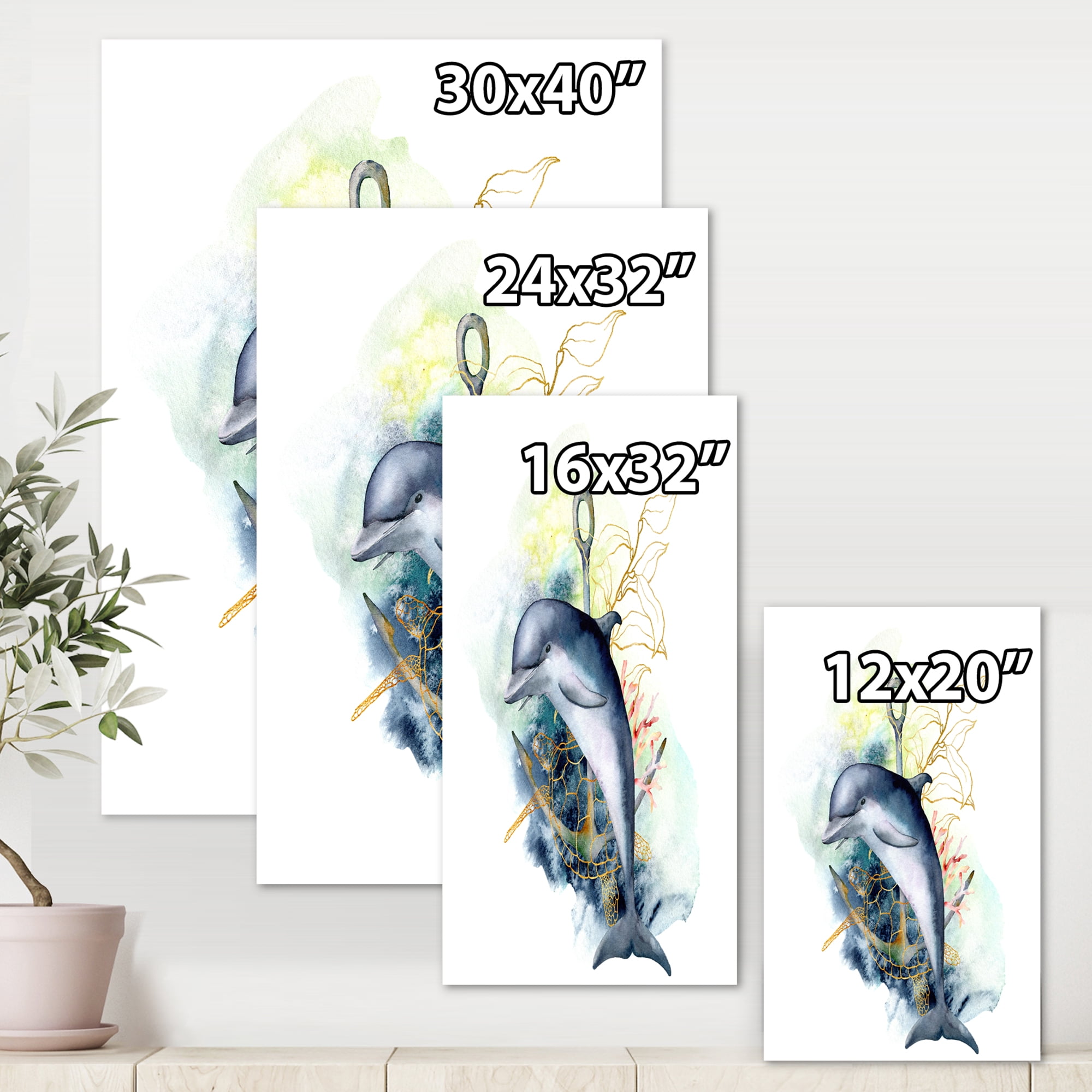 Designart ' Linear Coral Reef Plants and Dolphin Turtle Anchor ' Nautical & Coastal Canvas Wall Art Print