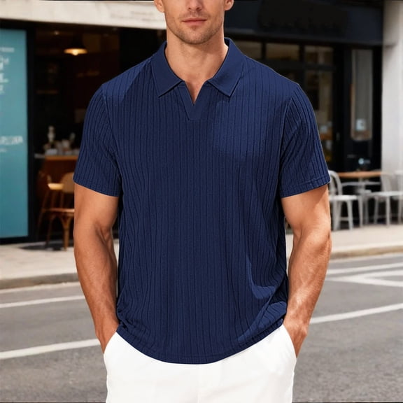 Polo Shirt for Men Short Sleeve V Neck Polo Tees Loose Fit Navy Shirt Men