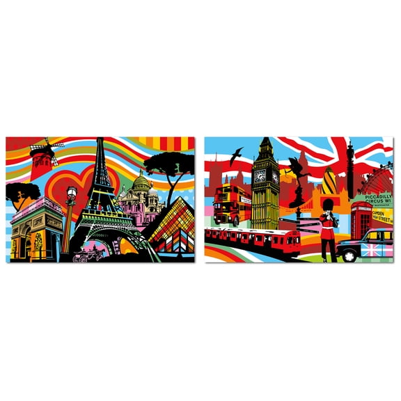 Bright Europe London and Paris Travel Set; Two 14x11in Poster Prints