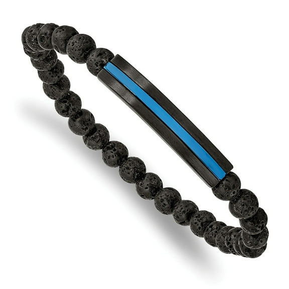 Primal Steel Stainless Steel Brushed and Polished Black and Blue IP-plated with Lava Stone Stretch Bracelet