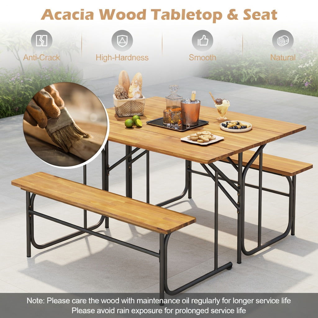 Hommoo Acacia Wood Outdoor Picnic Table & Bench Set for 2, Heavy-Duty Metal Frame, 52-inch Seating, Ideal for Backyard, Patio, Balcony, Black & Natural