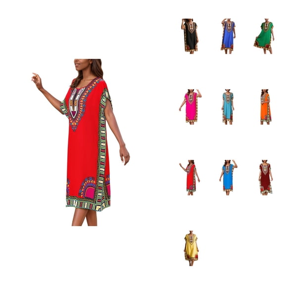 African Print Kaftan Dress Tunic, Long Maxi Plus Size Polyester Gown for Beach, Party, or Casual Wear, Women’s Kimono Nightdress