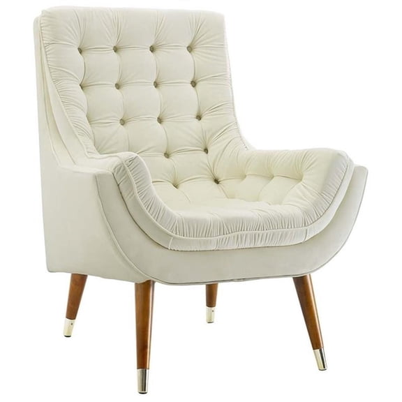 Maklaine Contemporary Tufted Performance Velvet Lounge Chair in Ivory