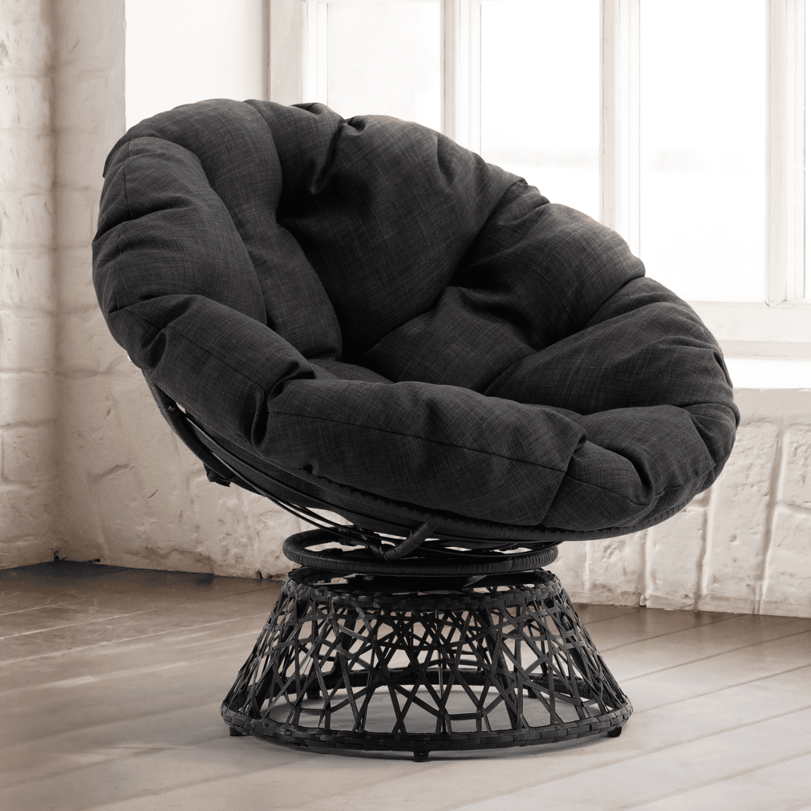 Bme 360 Swivel Comfy Papasan Chair with Fabric Cushion, Sturdy Metal Frame (Cream Vanilla - Black Frame)
