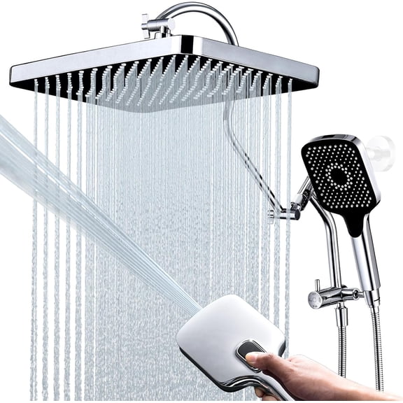 13 Inch Rainfall Shower with Multi-Function Handheld Sprayer Combo, 3-Way Extended Diverter with Holder and Adjustable Curved Shower Extension Arm, Extra Long Hose