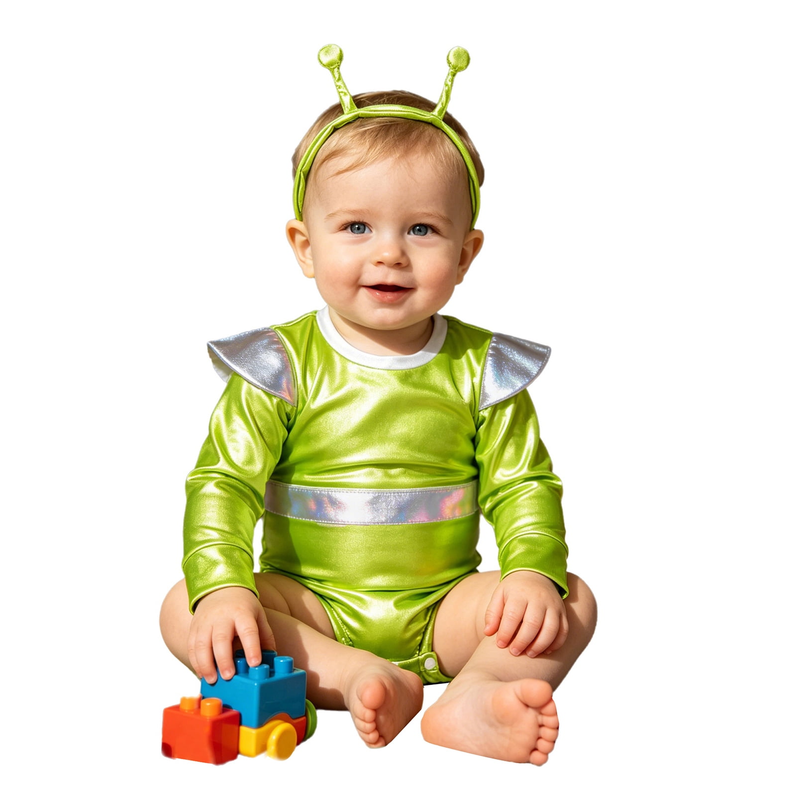 Miutii Toddler Baby Alien Bodysuit Long Sleeve Holographic Romper Space Themed Party Outfit Headband for Photoshoots Fluorescent Green 4-5