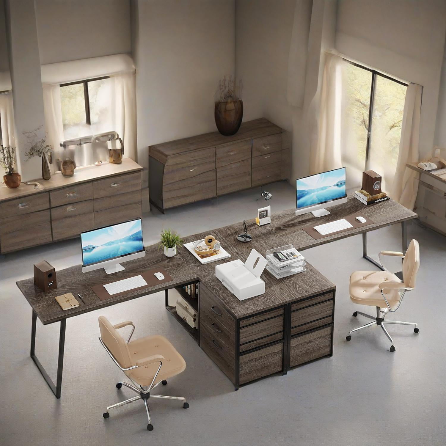 L-Shaped Desk 53In Reversible Corner Desk File Cabinet 3Drawers 2Open Shelves Industrial Style Home Office Computer Desk Adjustable Leg Pads Gaming Writing Executive Sturdy Particle Board Grey Black