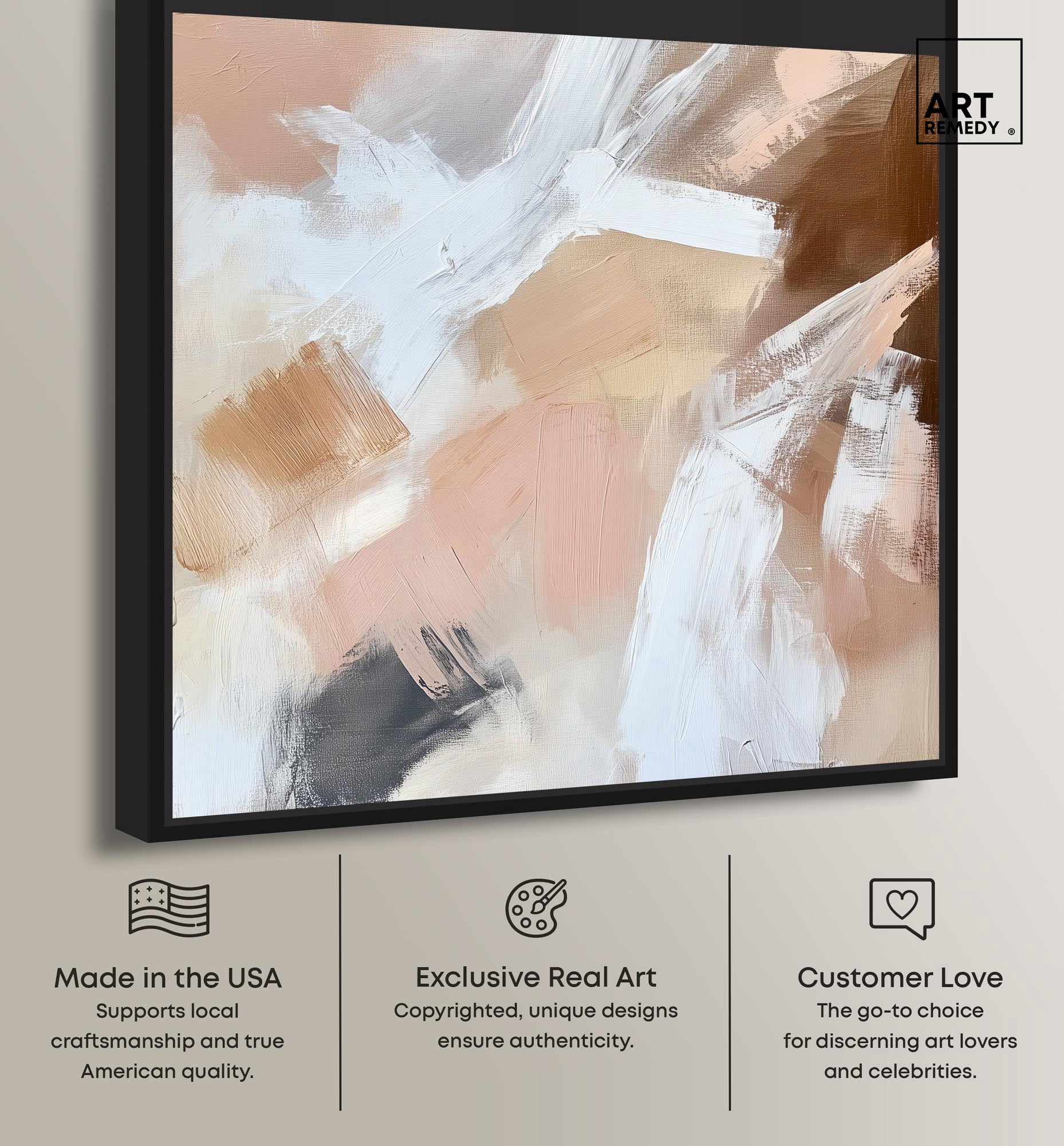 Taupe and Ash I Canvas Boho Minimalist by Art Remedy, Black Frame, 16 x 16