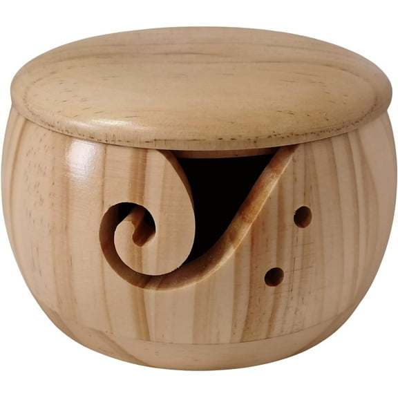 Portable Yarn Bowl with Lid, Wooden Wool Yarn Storage Basket Organizer Holder - Round Handcrafted Crafts for Knitting Crocheting