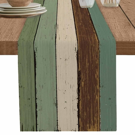 

Farmhouse Brown Wood Grain Table Runner-36 Inch Long Country Farm Green Wooden Table Runners Linen Burlap Tablerunner for Kitchen Dining Room Holiday Party