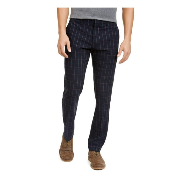 TOMMY HILFIGER Mens Navy Stretch Windowpane Plaid Classic Fit Stretch Pants 34W/ 32L