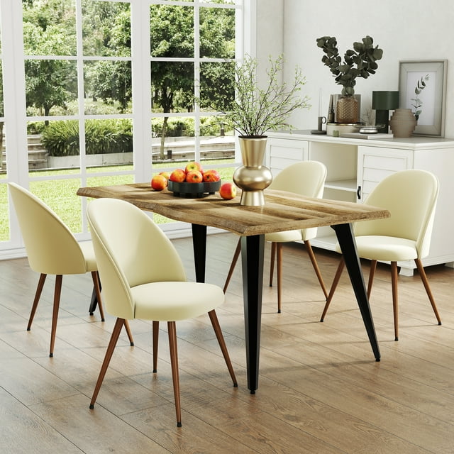 Homy Casa 63 inch Dining Table Set with 1 Table and 4 High-Back Chairs, Modern Walnut Wave Edge Tabletop, Beige Fabric Upholstery
