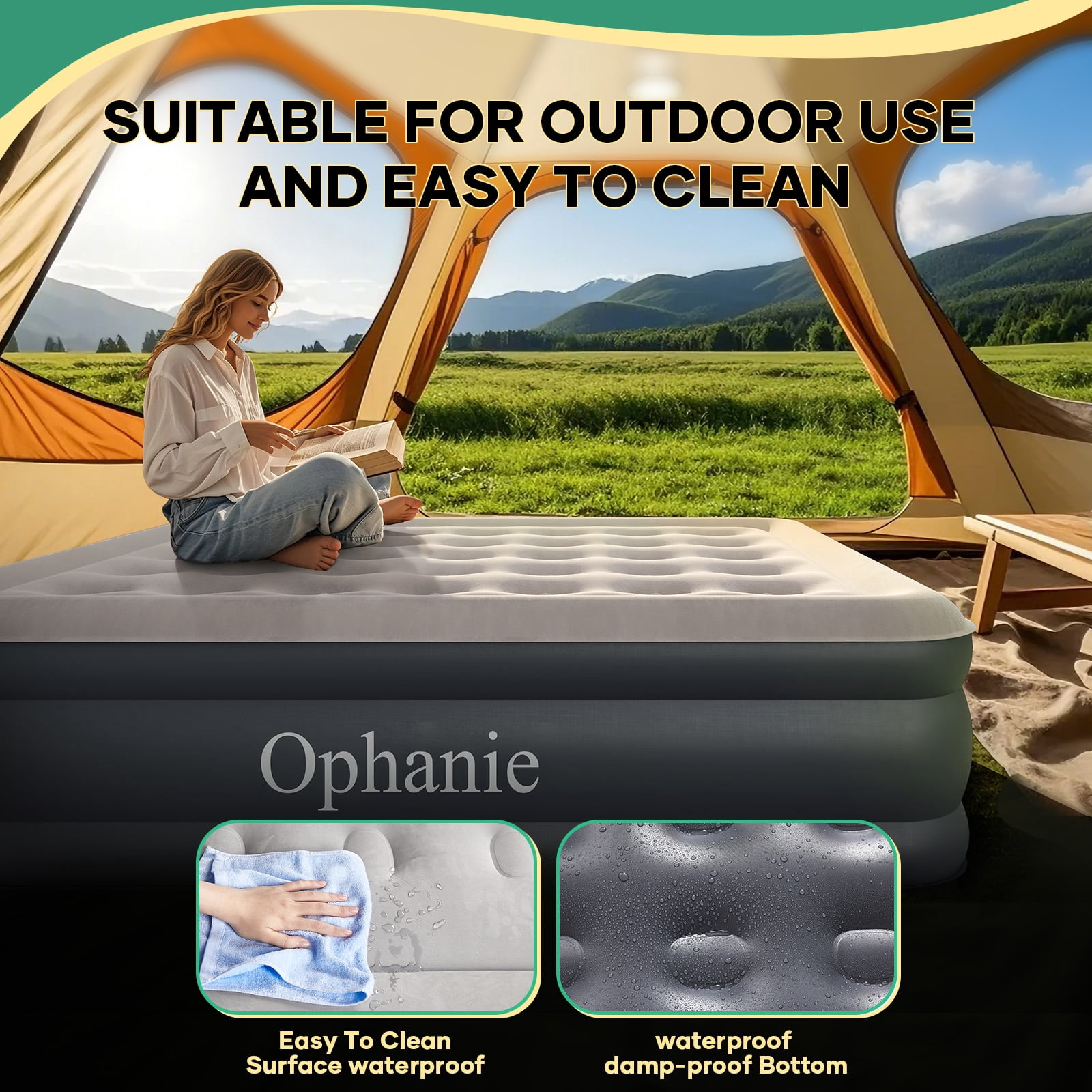 Ophanie Queen Air Mattress, 18-Inch Elevated Inflatable Bed with Built-in Pump, Puncture-Resistant, Quick Inflation/Deflation, Portable for camping & Guests, Dark Gray