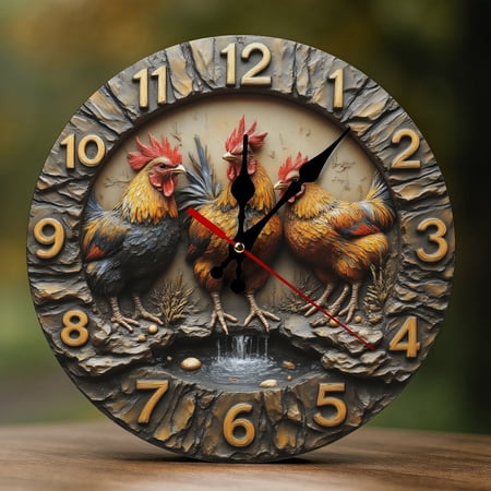 Wall Clock Decorative - Farm Rooster Trio Print 2D Vintage Wall Clocks Battery Operated Silent Non-Ticking for Bedroom, Living Room, Kitchen, Office, Classroom, 10 Inch